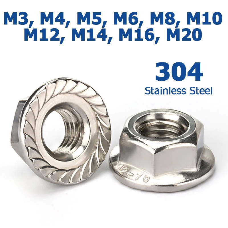 1-10Pcs M3 M4 M5 M6 M8 M10 M12 M16 M20 Hexagon Flange Nut Serrated Spinlock Pinking Automatic locking Nuts 304 Stainless Steel