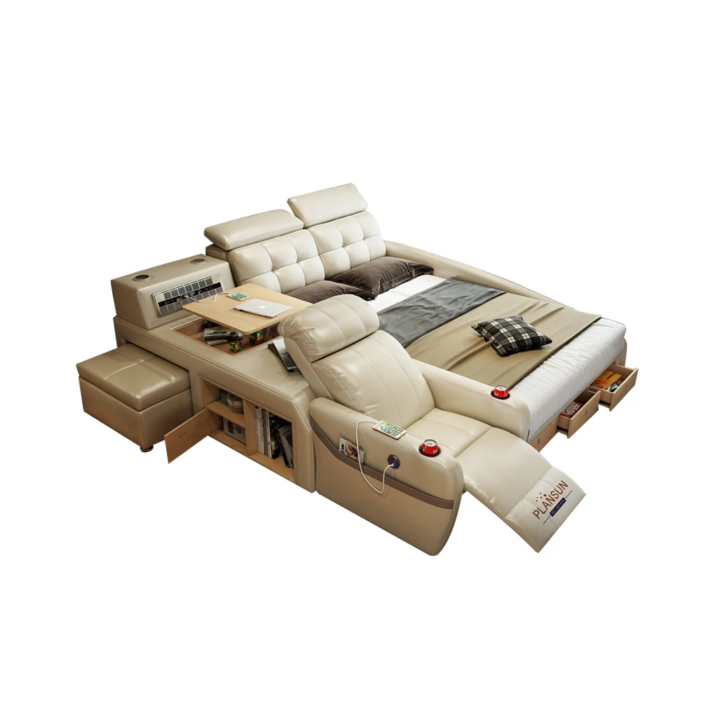 Good Design Message Genuine Leather Bed Multi-functional Smart Bed With Recliner Sofa Chair King Size Beds