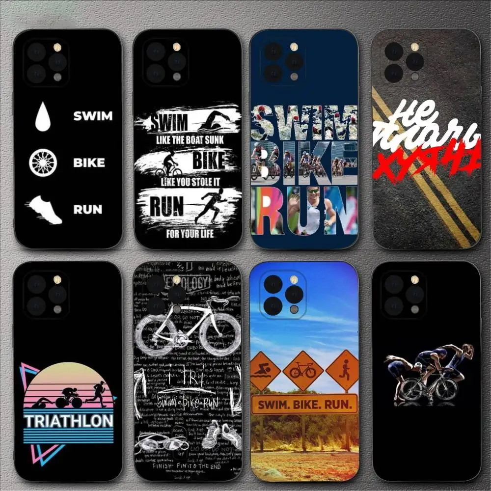 

Swim Bike Run Triathlon Phone Case For iPhone 16,15,14,13,12,11,XS,XR,X,8,7,Pro,Max,Plus,mini Silicone Black Cover