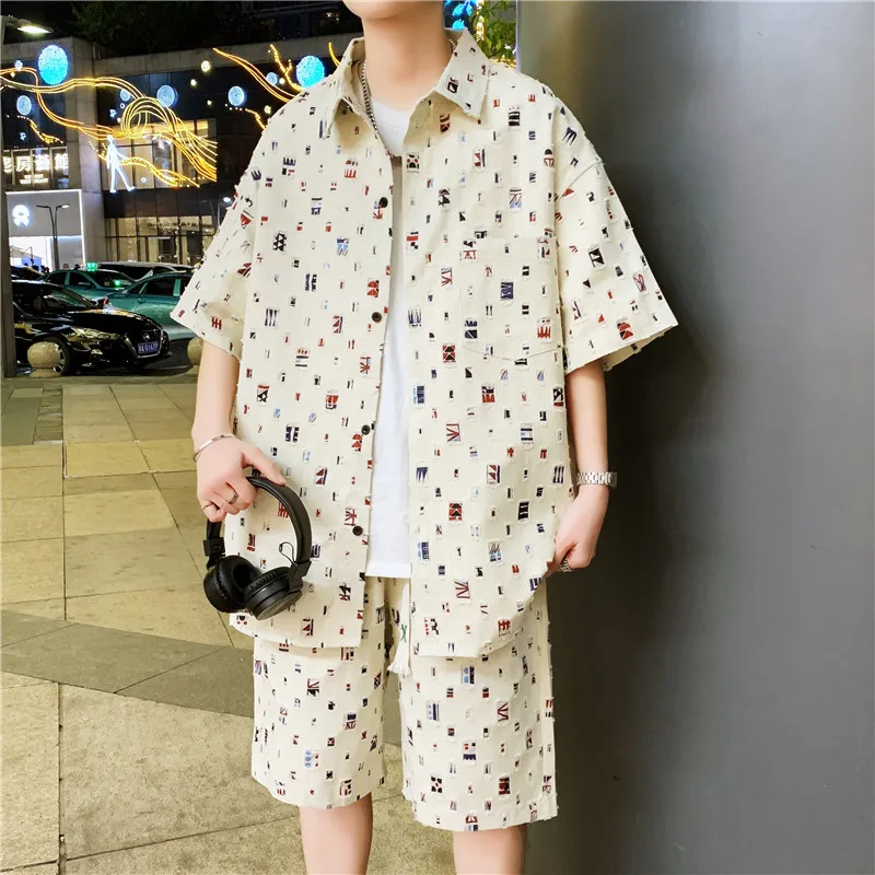 Men Summer 2 Pieces Suits Tracksuit Men\'s Shirt Shorts Harajuku Streetwear Oversized Men Sets Short Outfits