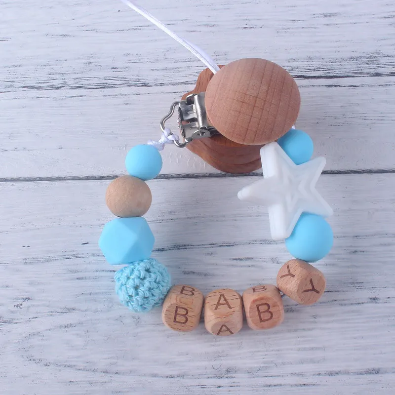 Free Handmade Personalized Name Silicone Stars Beads Beech Letters Pacifier Chains Clips Teething Baby Teether Dummy Holder Gift