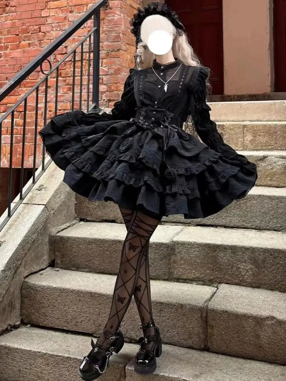 Subculture Japanese Gothic Dark Lolita Sweet Kawaii Puffed Short-Sleeve Blouse + High-Waisted Mini Tiered Cake Skirt Slim-Fit