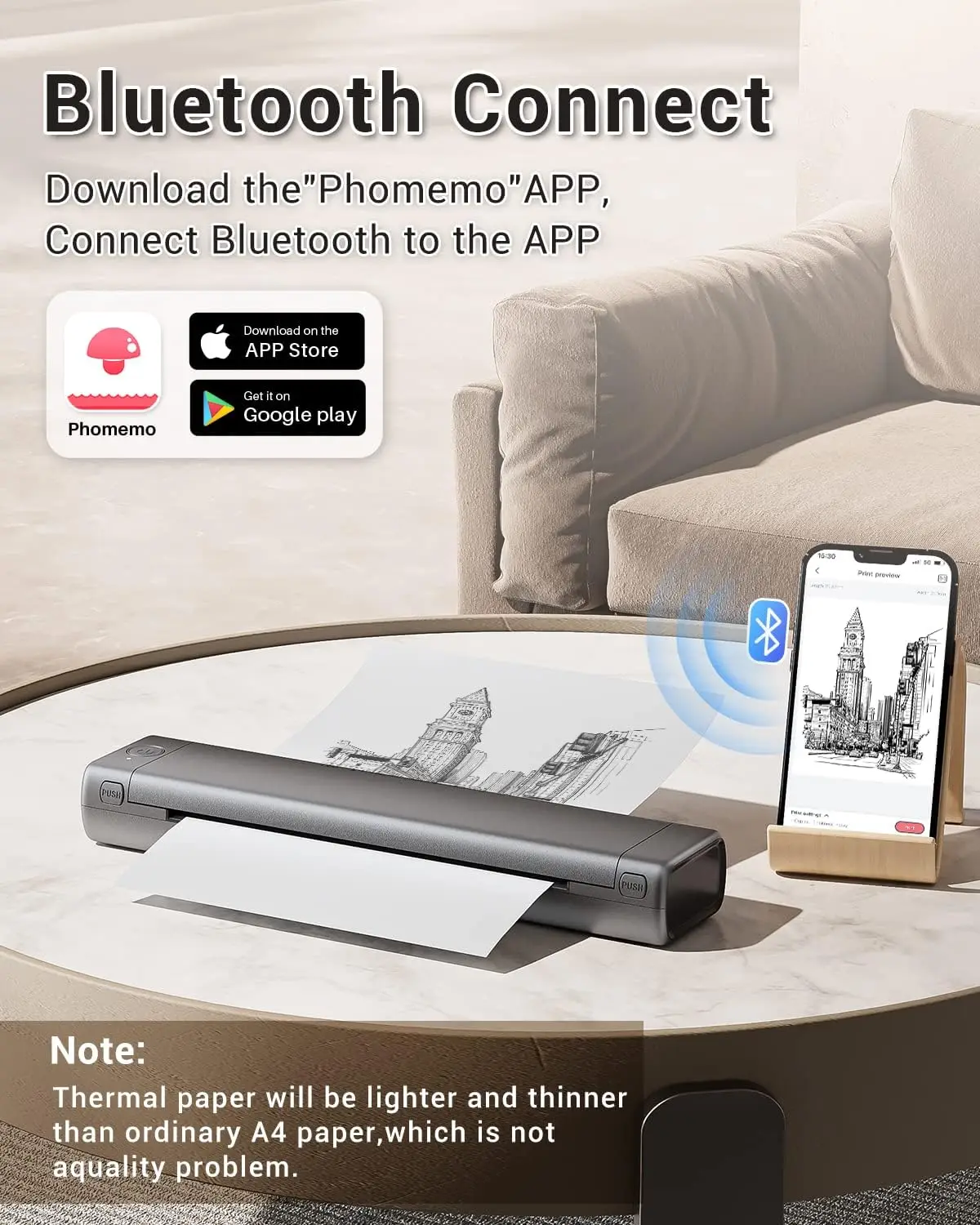 Phomemo M08F Portable Thermal Printer Wireless Bluetooth Mobile Printer Support A4 Size Compatible with Smartphone & PC