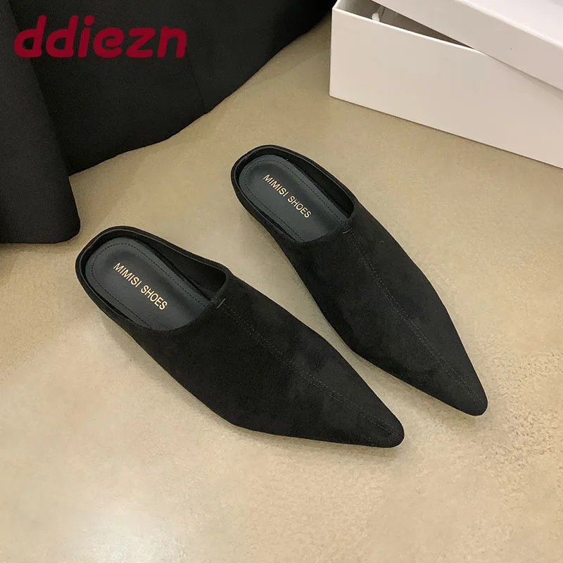 

2025 Footwear Pointed Toe Pumps Ladies Low Heel Shoes Female Shallow Fashion Flock Elegant Women Heeled Shoes Slides Mules