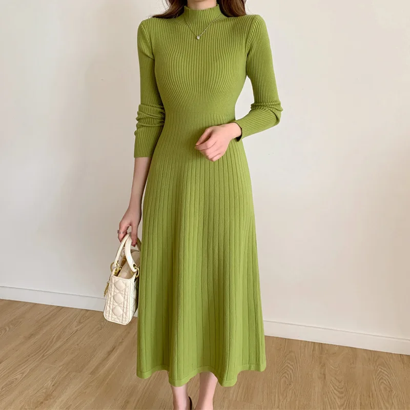 Sweater Dress Women Long Dresses Knitted Mock Neck High Waist A Line Solid Casual Autumn Winter Knit Vestidos Elegant Y2k Tops
