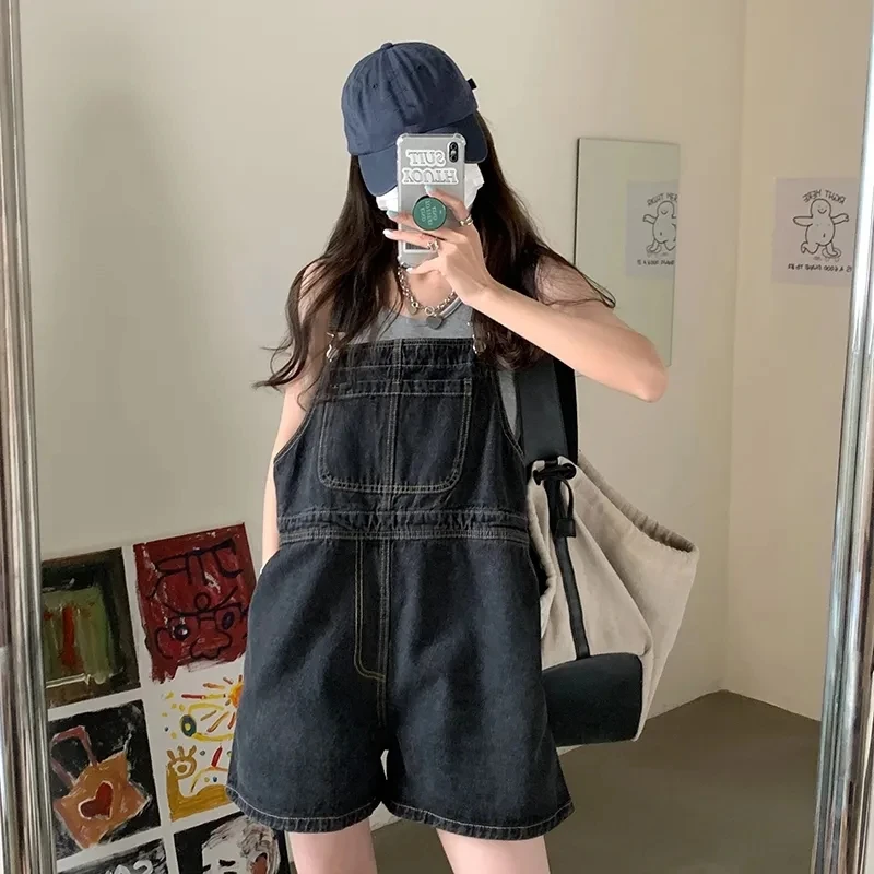

Spring Summer Women's Denim Overalls High Waist Wide Leg Short Design Sensation Small Size Thin Model Workwear Pants