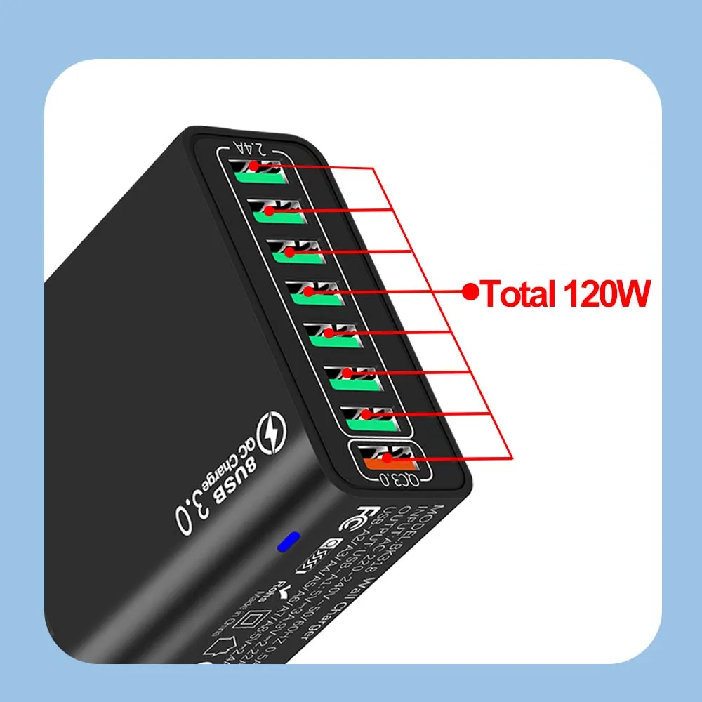 Total 65W 8 Ports Fast Charging USB Wall Charger QC3.0 Portable Mobile Phone Adapter For iPhone 15 14 Pro Max Xiaomi Samsung