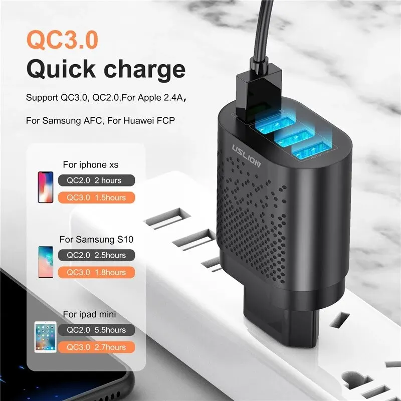 USLION EU/US Plug USB Charger 3A Quik Charge 3.0 Mobile Phone Charger For iPhone 14 Samsung Xiaomi 4 Port 48W Fast Wall Chargers - náhled 3