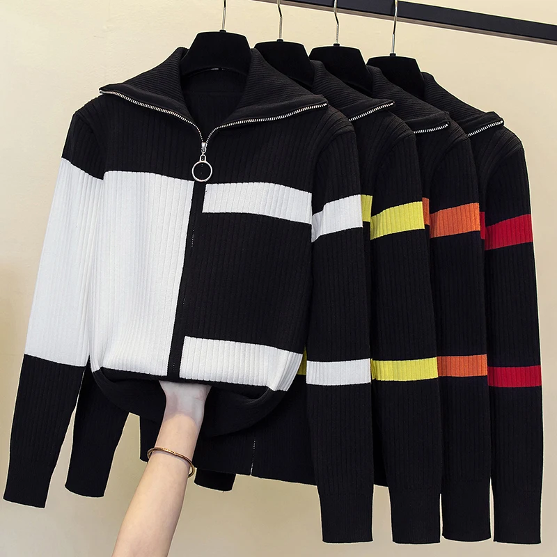 Large Size Women Cardigan Sweater Jacket V-neck Single Breasted Cardigans Striped Argyle Knitted Tops Autumn Black White Red