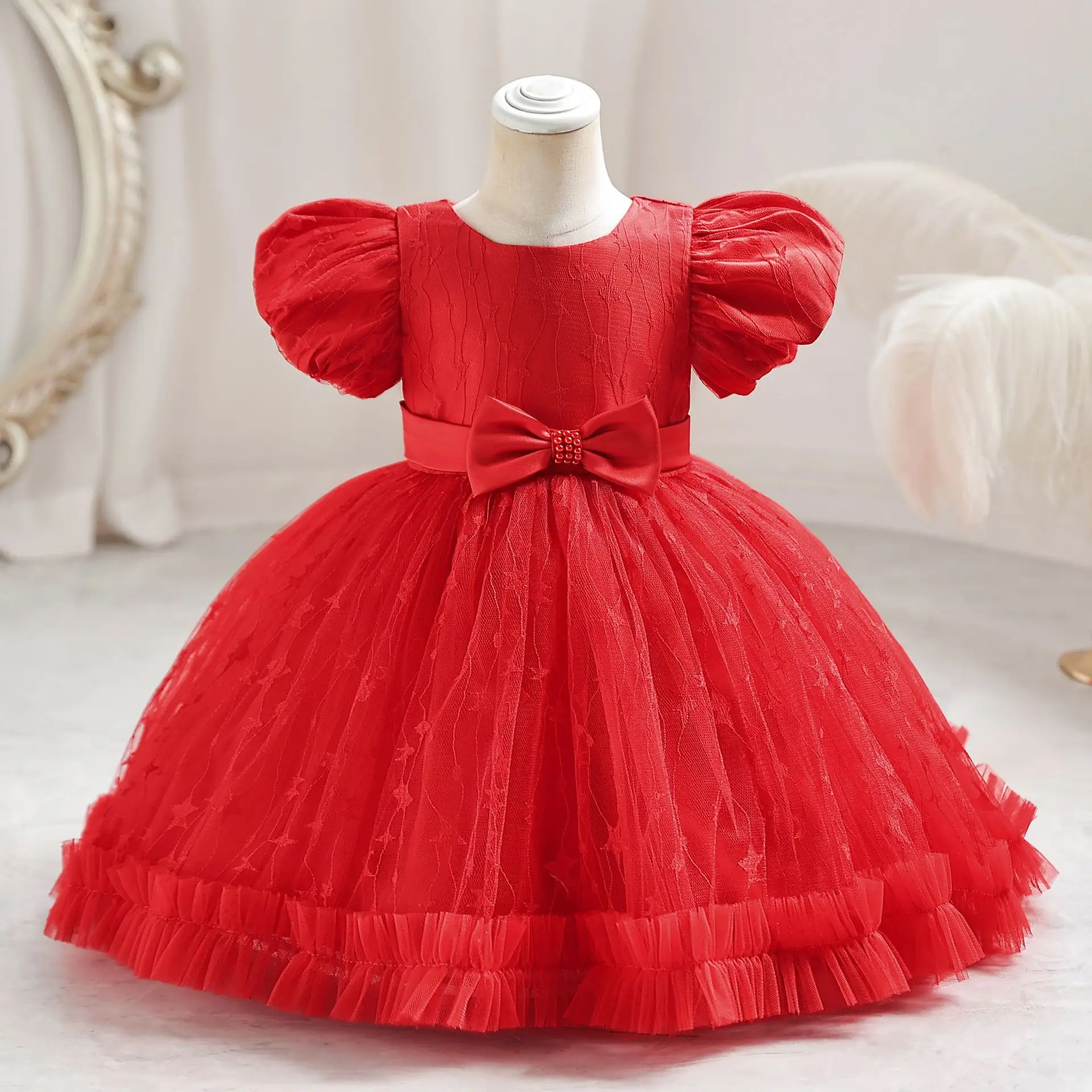 Red Embroidery Star Baby Dresses Pearl Bow Puff Sleeve Clothing For Girls in Birthday Toddler Kids One piece 0 to 12 24 Months