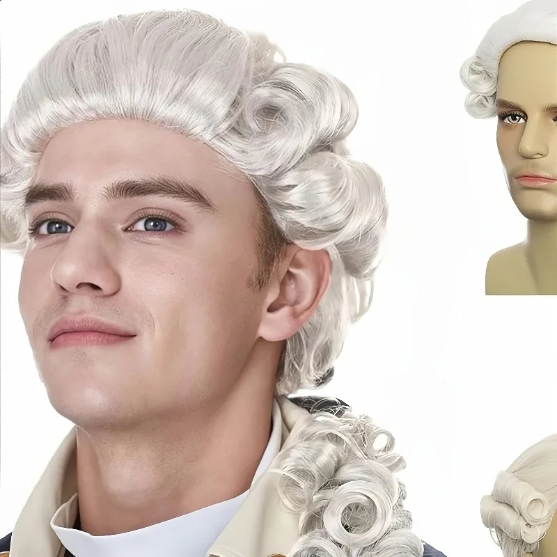 Medieval Court Style Lawyer and Judge Hats White Curly Ponytail Wig Synthetic Hair Role Play Props for Women Men