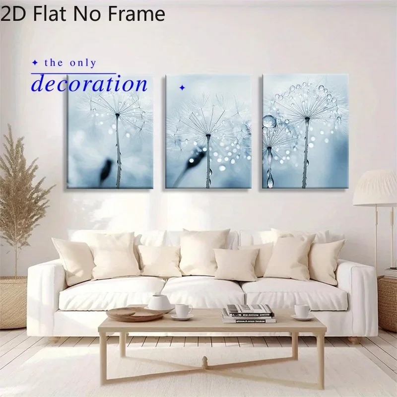2D Flat, 2D Flat, 3pcs 2D Flat Dandelion Large Image Wall Art, with Dewdrops And Soft Blue Tones - Modern Minimalist Plant Na
