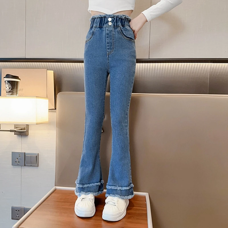 Teenage Girl Jeans Denim Flared Bell-Bottom Spring Fall High Quality Solid Pants New Kids Pearl Bead Bow Trousers 6 810 12 14Yrs