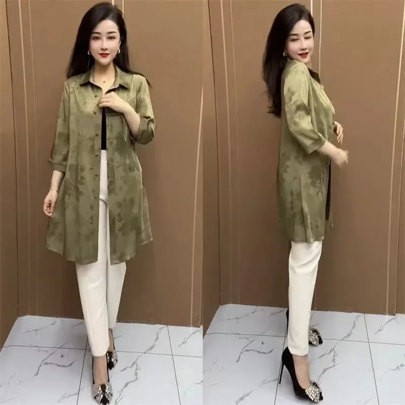 Nueva Camisa Larga Holgada Estilo Chino para Mamá, Protección Térmica para Mujeres de Mediana Edad, Manga Larga, Cuello con Estampado