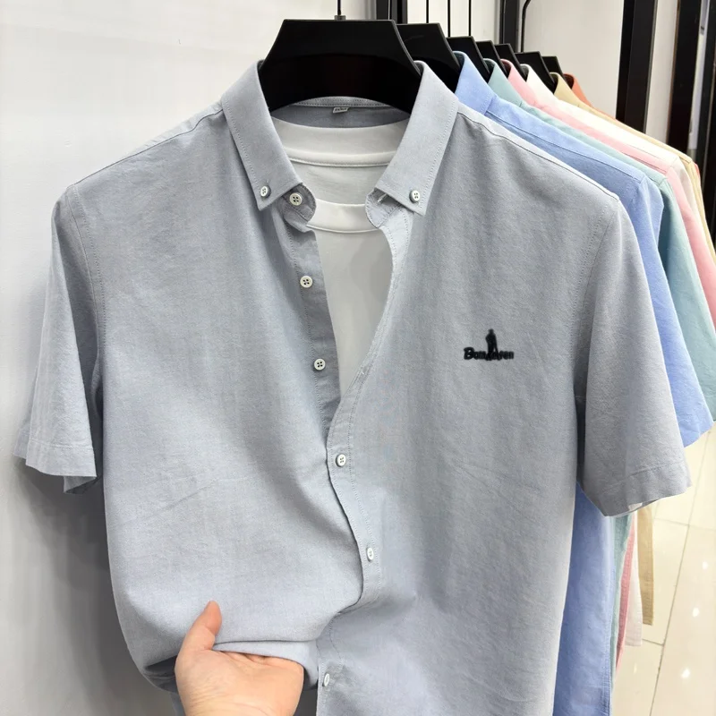 High end brand men's 100% cotton short sleeve shirt summer skin friendly breathable fashion embossed Korean style casual new top