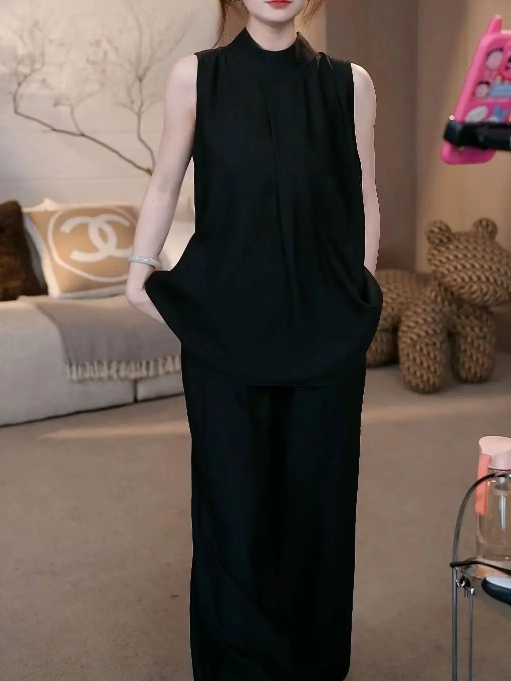 French women's acetate sleeveless vest top, wide leg pants, casual commuting two-piece set for women