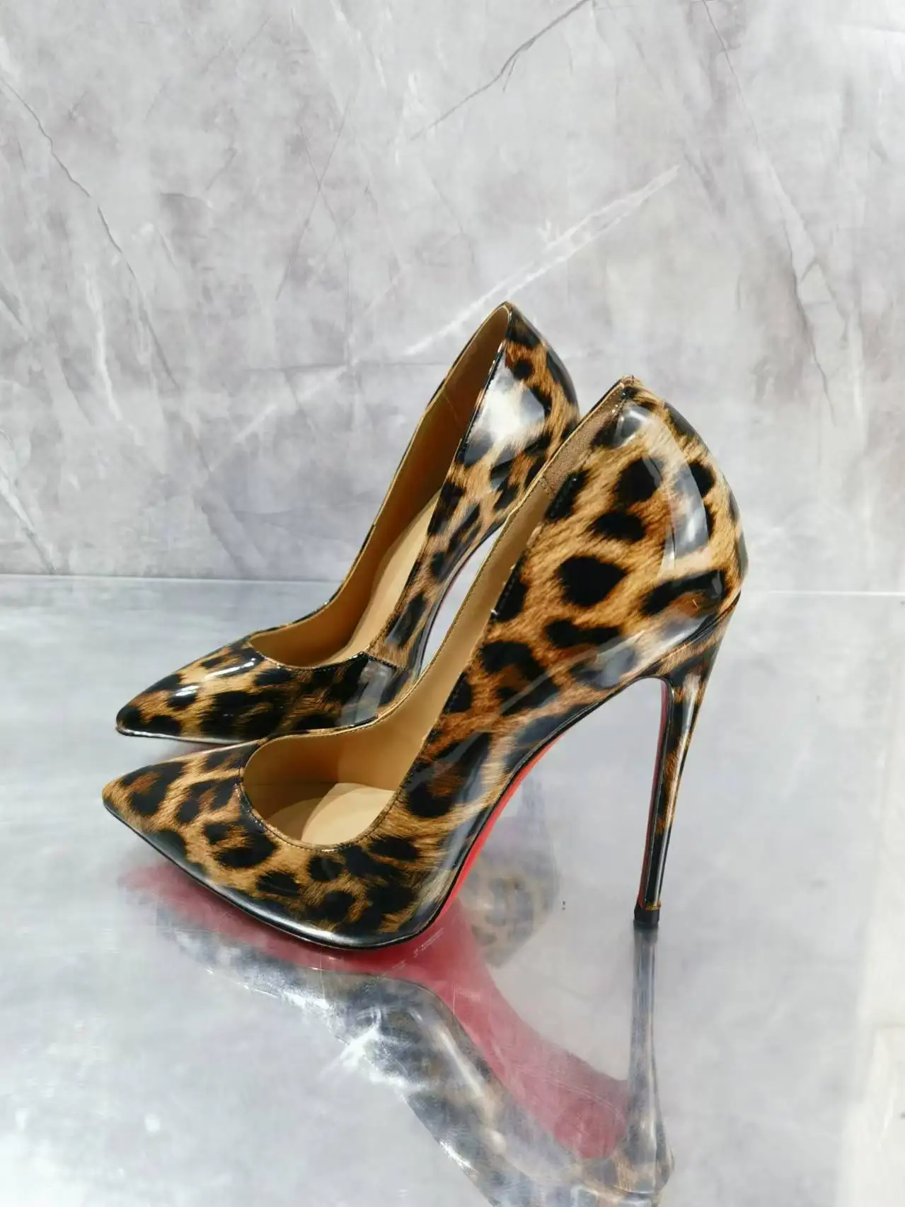 Woman Leopard Print Leather Single Pumps Stiletto Heel 10Cm 12Cm Female Thin High Heel Slip On Wedding Party Single Shoes