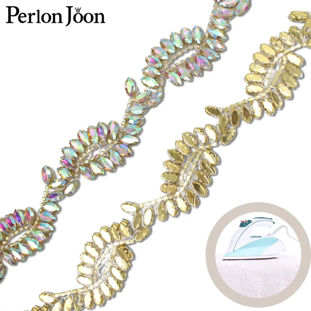 1 ياردة لامعة AB كريستال حجر الراين الزجاج الحديد على الدانتيل سلسلة معدنية فستان الزفاف إكسسوارات الشعر حقيبة الحرفية الديكور TR183