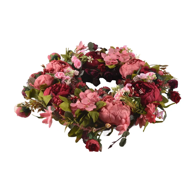 Decorative Door Wreath,Silk Flower Peony Flower Wreath 40cm Handmade Garland for Autumn Winter Outdoor Display Red