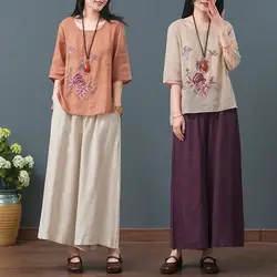 Women's Summer Ethnic Style Retro Round Neck Embroided Short Sleeve Tops Casual Loose Wide-leg Pants Cotton Linen Two-piece Sets