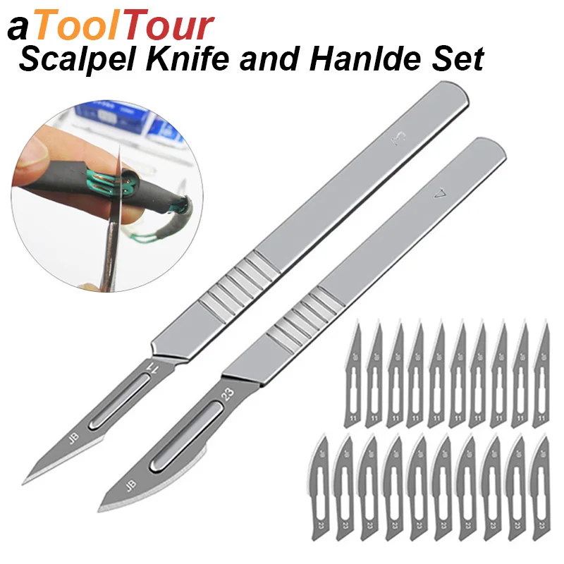 11 23 Scalpel Blade Set Metal Handle Stationery Steel Precision Craft Knife Cutter Wood Carve Stencil Box Open DIY Surgical Tool