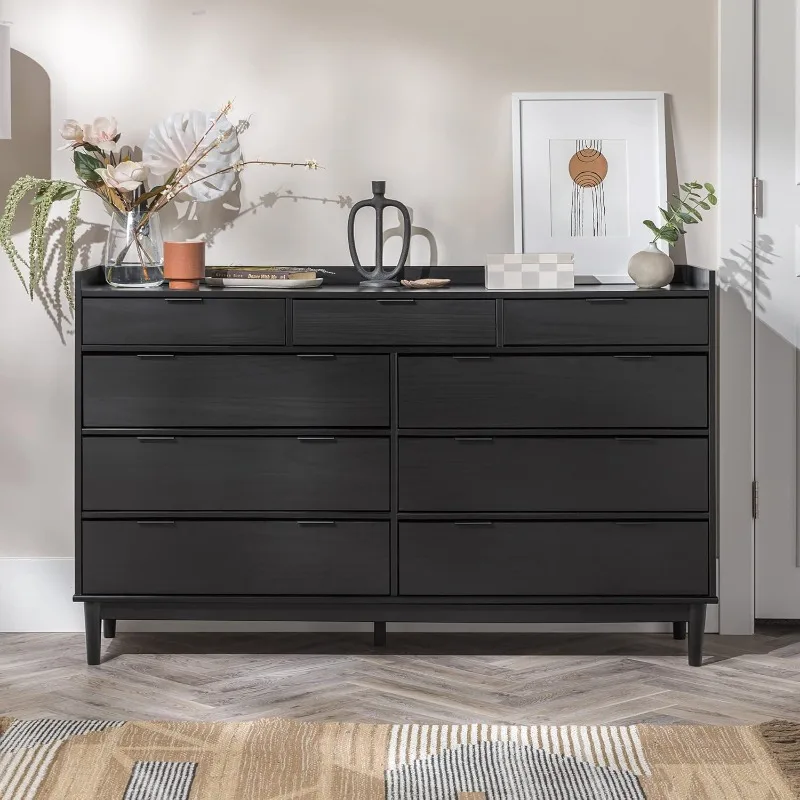 Blythe Mid-Century Modern Tray-Top Solid Wood 9-Drawer Dresser, 60 Inch, Black