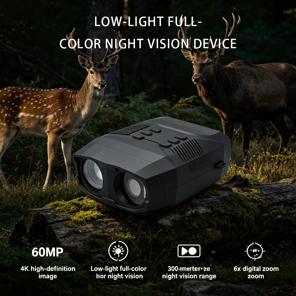 60Mp 4K Low-Light Full-Color Night Vision Device, 6X Digital Zoom, Low-Light Full-Color, High-Definition Display, Binoculars Suitable for Outdoor Adventures, Travel, Camping, Built-In Battery