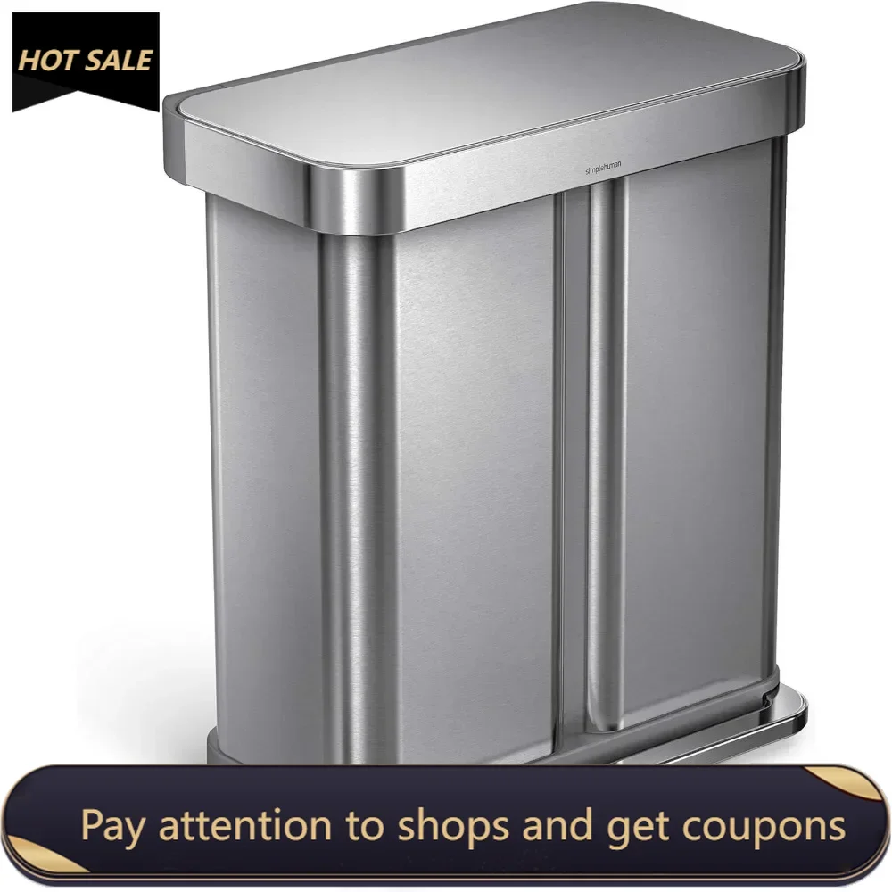 58 Liter / 15.3 Gallon Rectangular Hands-Free Dual Compartment Recycling Kitchen Step Trash Can With Soft-Close Lid Recycle Bin