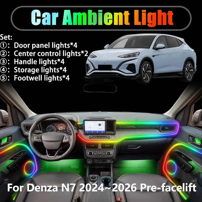 

For Denza N7 2024 2025 2026 Pre-facelift 2/18 in 1 Car ambient lighting Led trunk interior led lights USB RGB Ensemble Streamer