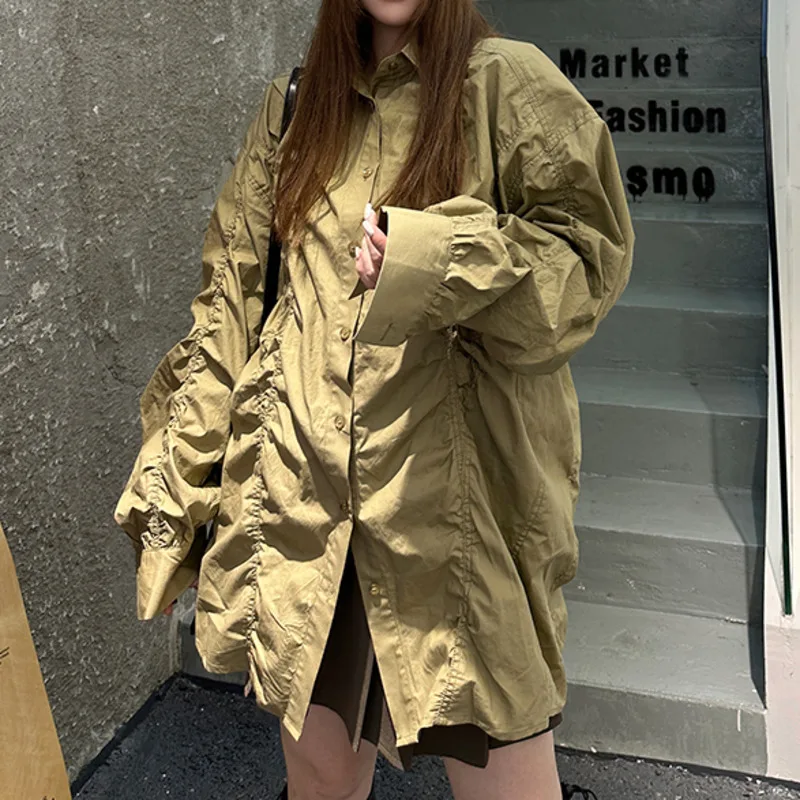 KWTX ผู้หญิง Vintage Streetwear เสื้อแจ็คเก็ต SS25 Solid Casual Handmade Smocking Single Breasted กระเป๋า Luxe น้ําหนักเบา