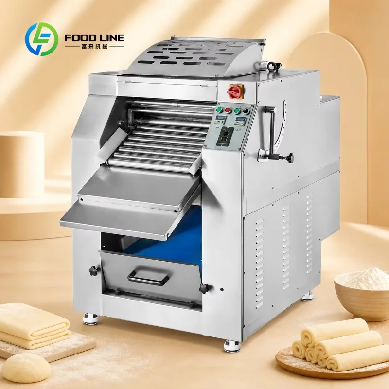 Máquina Automática Continua para Estirar Masa con Grosor Ajustable y Cinta Transportadora para Pan, Pizza, Galletas y Crackers