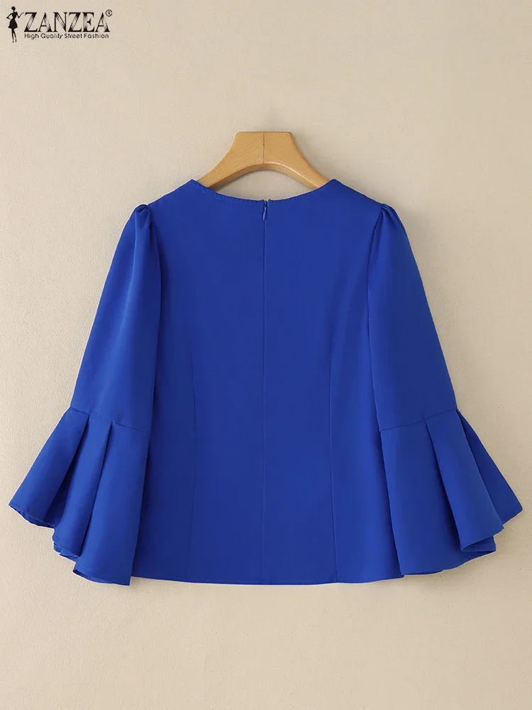 ZANZEA แฟชั่น 3/4 Flare Sleeve Blusas Mujer Elegant สตรี V คอเอวสั้นเสื้อเดินทาง Solid 2025 ฤดูร้อน OL เสื้อ