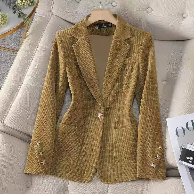 ผู้หญิงใหม่ Blazer High-End แขนยาวผ้าไหมฤดูใบไม้ผลิและฤดูใบไม้ร่วงแจ็คเก็ตอารมณ์ JOKER หนึ่งปุ่มเสื้อแฟชั่น
