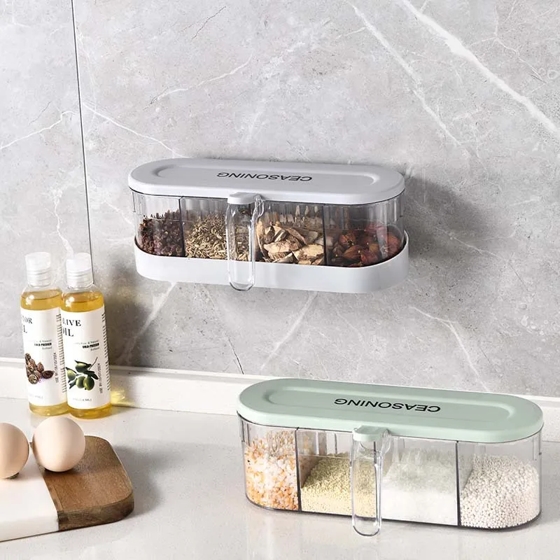 

Wall Mounted Perforated Multi Grid Seasoning Box Creative Dustproof and Moisture-Proof Seasoning Box Countertop Seasoning Can