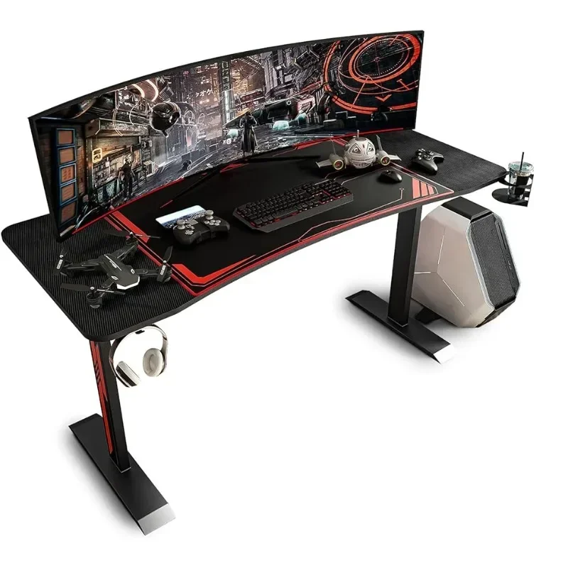 

Gaming Desk, Heavy-Duty Gaming Computer Table with Carbon Fiber Surface & Large Mouse Pad, Black PC Computer Desks