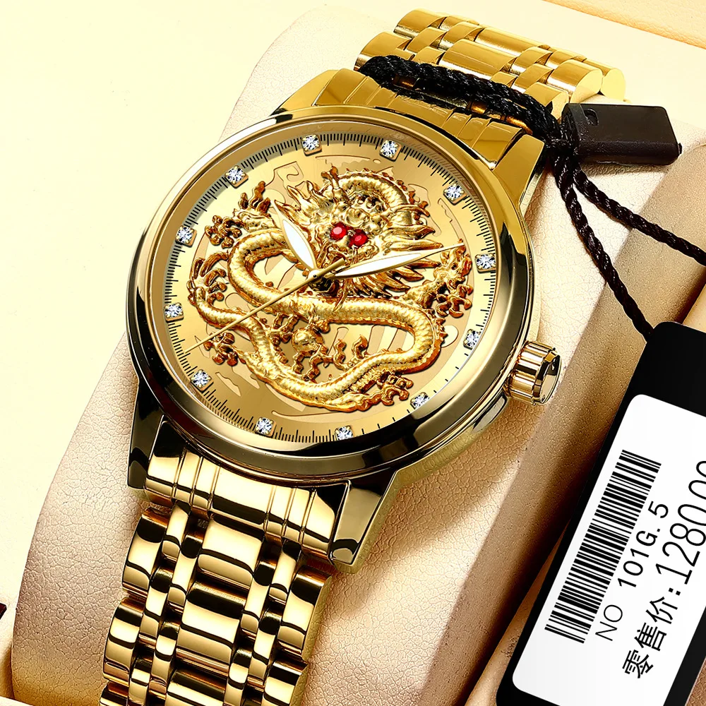 FNGEEN Luxury Fashion Ultra-thin Man Watches Dragon Pattern Luminous Gold Color Waterproof Quartz Men's Watch Relogio Masculino