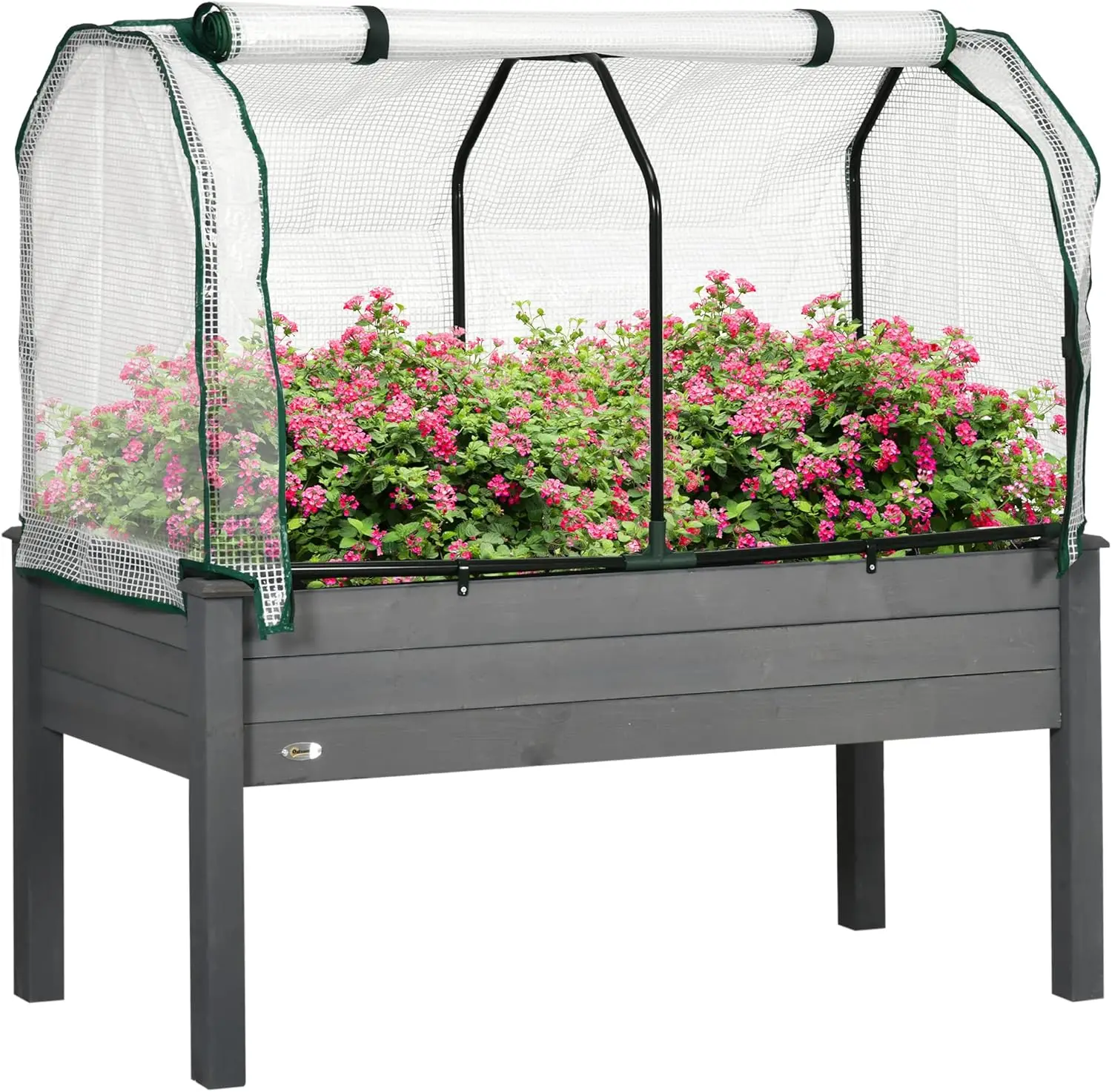 Raised Garden Bed with PE Greenhouse Cover Outdoor Elevated Wood Planter Box for Herbs and Vegetables, Use for Patio, Backyard, Balcony, 48 x 22 x 46 inch, Dark Gray