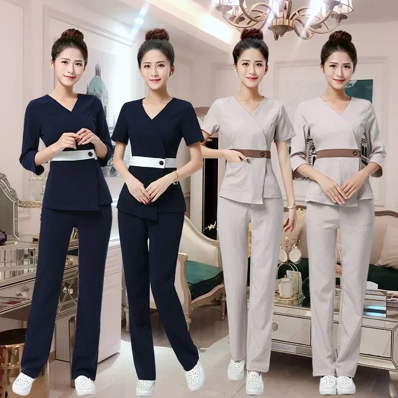 

Cotton and Linen Chinese Style Set Beautician Work Uniform Female Massage Foot Bath and Foot Therapy Technician Uniform S-4XL