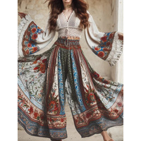 Women's Wide Leg Pants High Waist Indie Folk Ethnic Chic Printed Casual Vintage Loose Trousers Elastic Waist Pants 2025