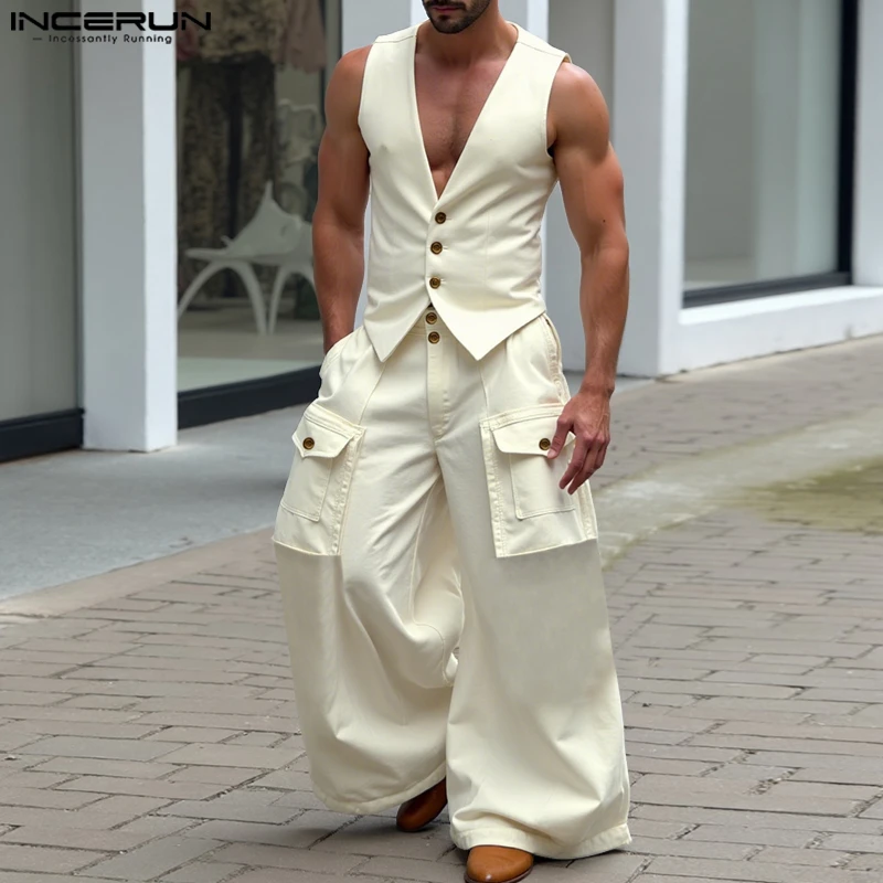 INCERUN Männer Sets Einfarbig V-ausschnitt Ärmellose Westen & Breite Bein Cargo Hosen Zwei Stücke Sets Streetwear Lose Mode männer anzüge