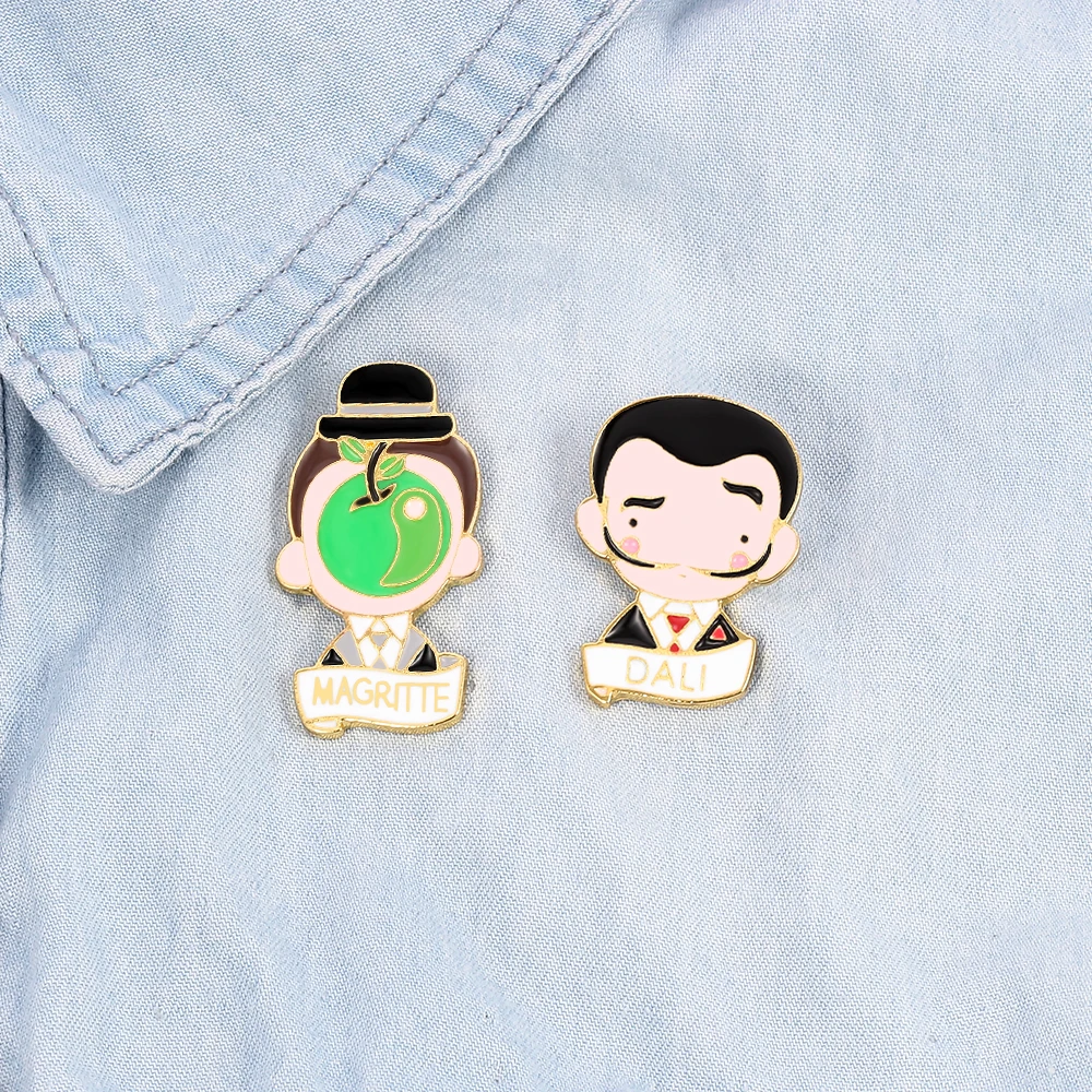 Enamel Face Portrait Lapel Brooch Rene Magritte and Salvador Dali Abstract Painter Art Pins Coat Lapel Jackets Jewelry