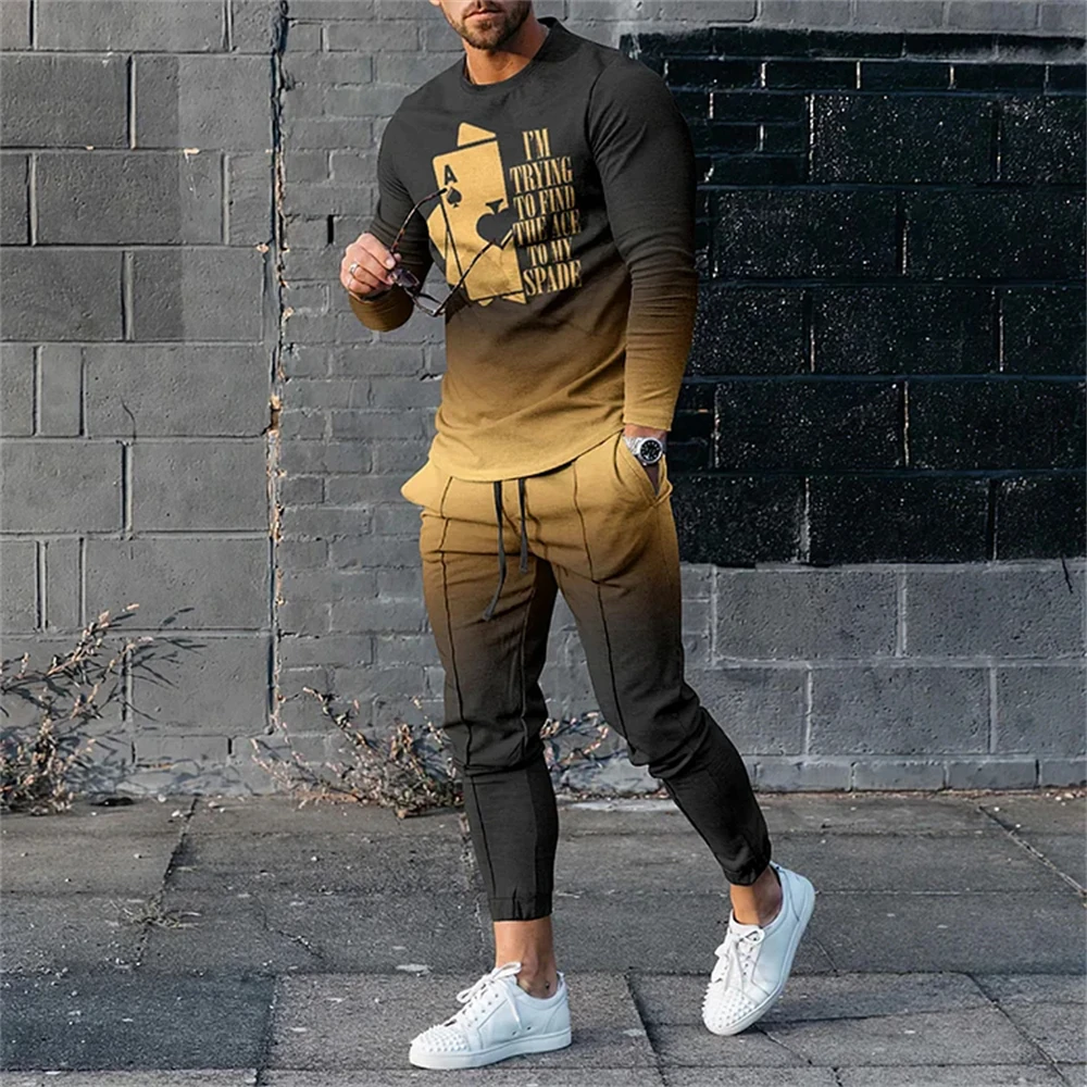 Men Long Sleeve Set For Man Retro Fashion Summer Design 3D Print T-Shirt Long Pants 2Pcs Outfit Clothing Sport Suit High Quality