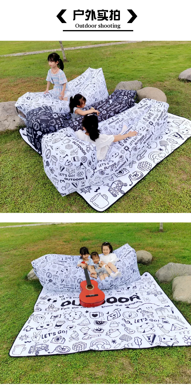 Black and White Graffiti Simple Pattern Printing Lazy Person Inflatable Sofa Outdoor Air Sofa Convenient Lunch Cushion Bed