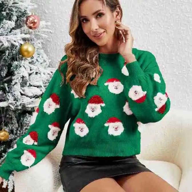 Women\'s Christmas Atmosphere Knitted Sweater Women\'s Pullover Round Neck Long-sleeved Short Sweater Autumn And Winter Versatile