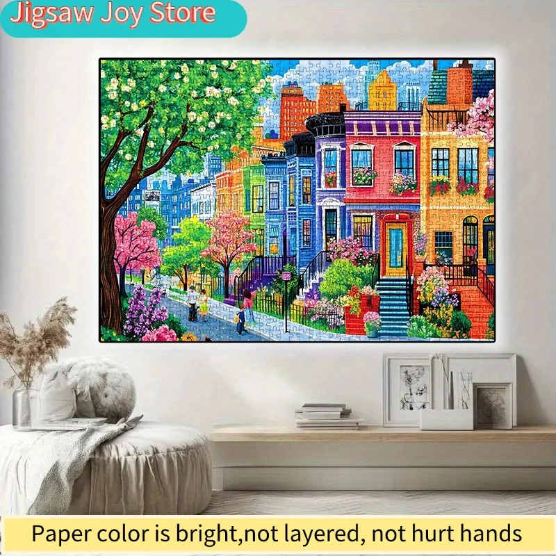 

1000pcs DIY Paper Puzzle, Rainbow Street Scene with Houses, Spring Flowers, People, Trees - Colorful Street Scene Puzzle, Hous
