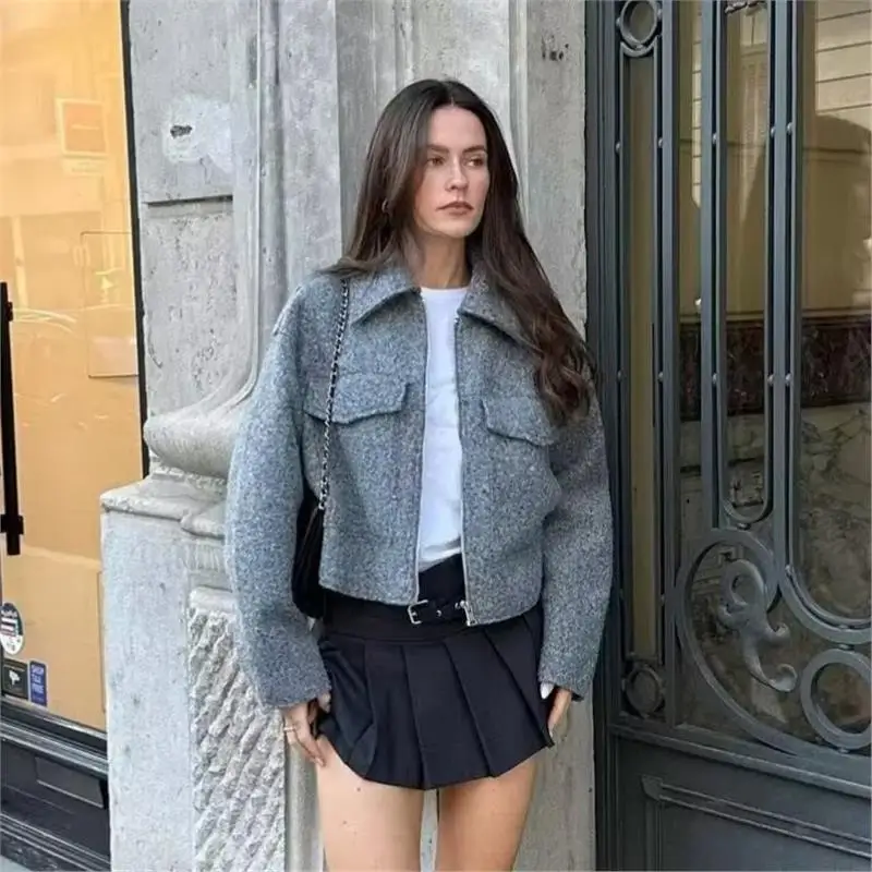 

Spring Autumn Street Sle ort Woolen Jaet Outerwear D69237M Pure Color PU Material Women's Faion Outerwear