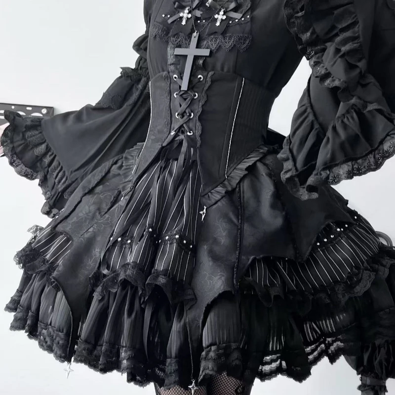 

Japanese Gothic Lolita Style Stripe Skirt Vintage Dark Lace Patchwork Waistband Mini Skirt Jupe Cute Y2k Aesthetic Grunge Faldas