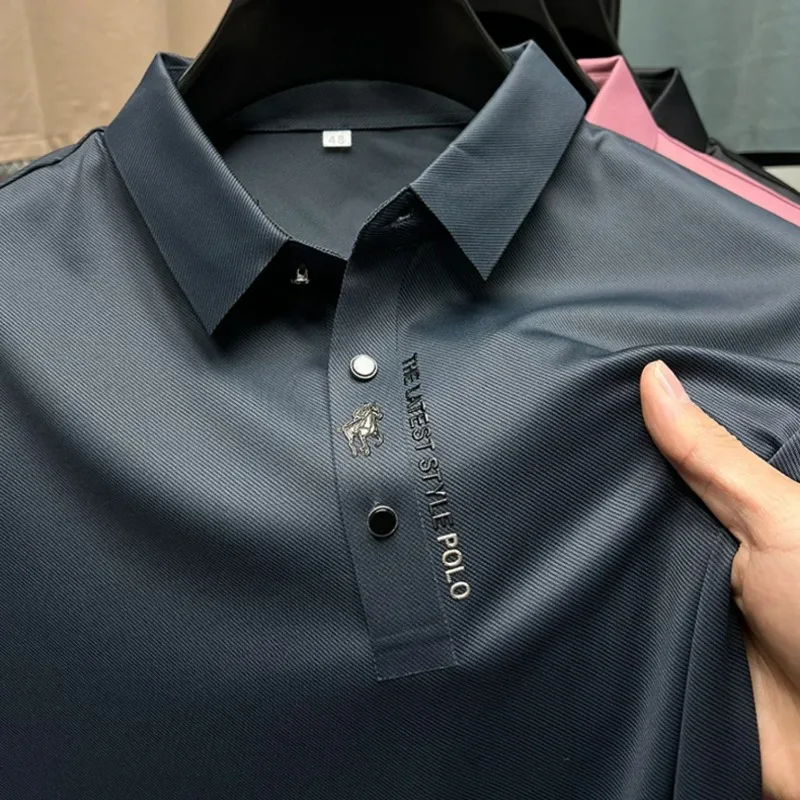 New European Silk High-end Summer Polo Shirt for Men's Business Casual Seamless Ice Silk Short