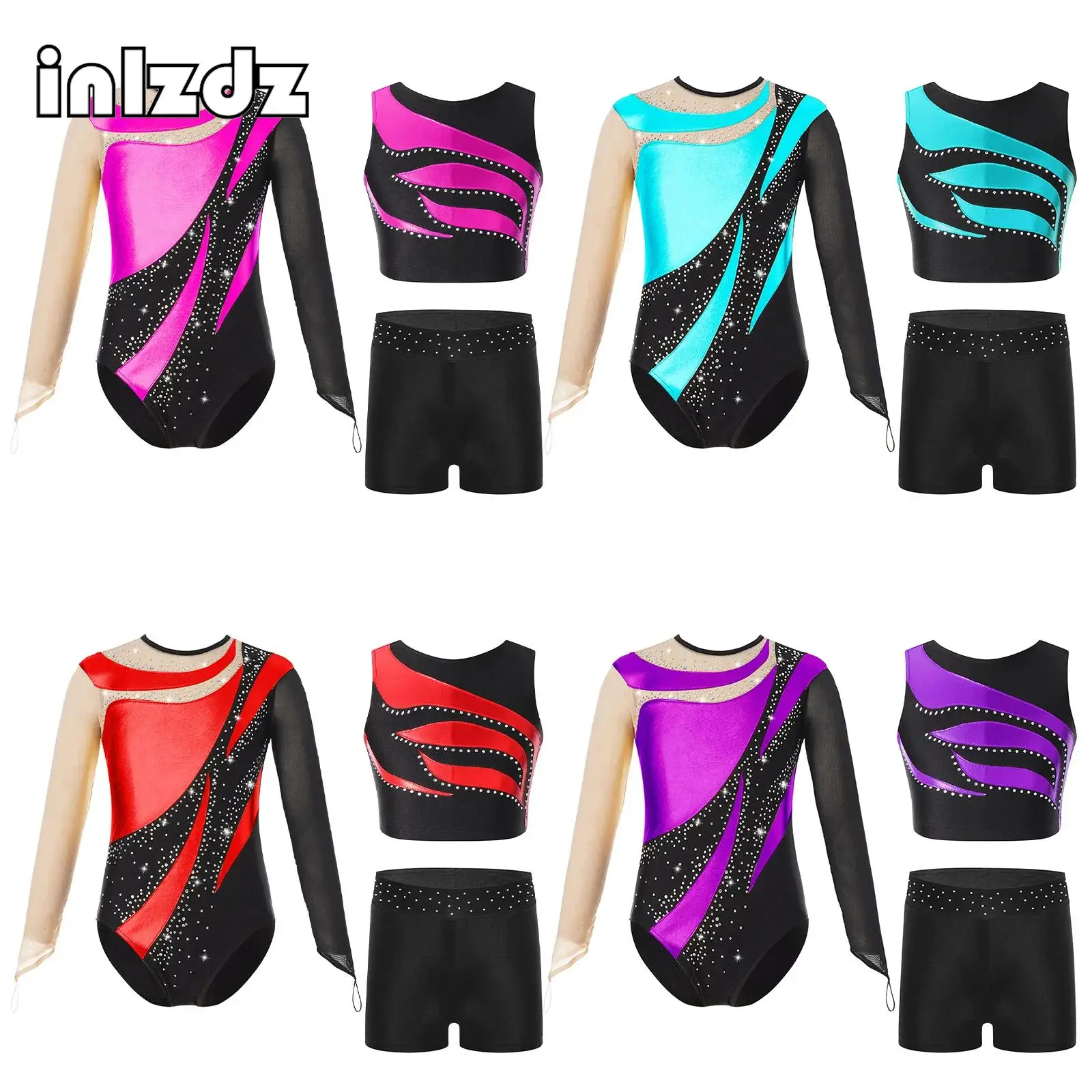 

Kids Girls Gymnastics Ballet Dance Outfit Long Sleeve Keyhole Back Dance Leotard Top Shorts for Figure Skating Stage Performance