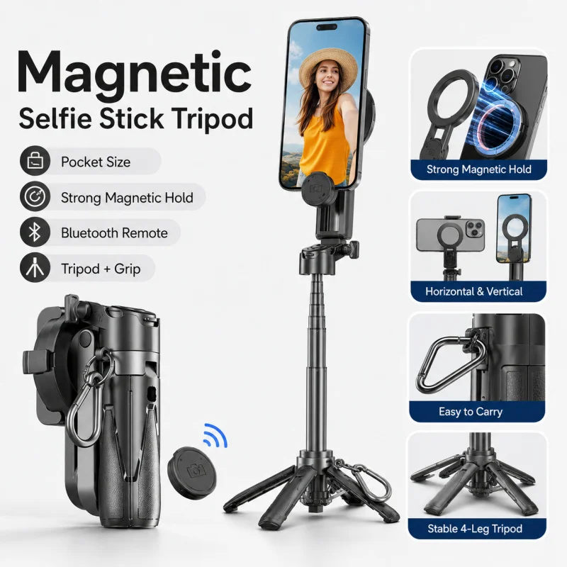 

P15C Magnetic Selfie Stick Tripod, Portable Mini Extendable Phone Holder with Anti-Shake Grip, Bluetooth Remote Control, Foldabl